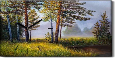 Produktbild von Wohnzimmer-Bild Leinwand Uhr 60x30 Malerei Wald Bäume Gras Blumen Kunst - schwarze Hände