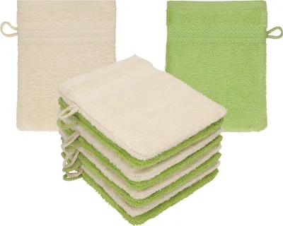 Produktbild von Betz 10 Stück Waschhandschuhe 16x21 cm PREMIUM 100% Baumwolle Farbe: sand - avocadogrün