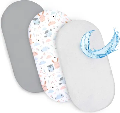 Produktbild von Spannbettlaken Kinderwagen Stubenwagen Set - 2 x Bezug + wasserdicht Matratzenschoner Matratzenbezug Beistellbett Bettlaken 75 x 35 cm Eulen Grau