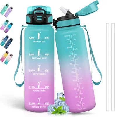 Obrázok produktu pre Fľaša na vodu 1 liter, so slamkou, 100% nepretekajúca, časová značka, pre beh