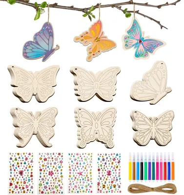 Image de Kit de loisirs créatifs pour enfants, idéal pour peindre. 24 décorations en bois pour anniversaire, kit de bricolage pour filles à partir de 4, 5, 6, 7, 8, 9 et 10 ans. Kit créatif pour la décoration de Pâques, thème : papillons
