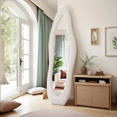 Produktbild von REMZETTA Ganzkörperspiegel 160 x 50 cm, weiß, Standspiegel in Wellenform mit gepolstertem Flanellrahmen, zum Aufstellen oder Aufhängen, für Schlafzimmer und Flur