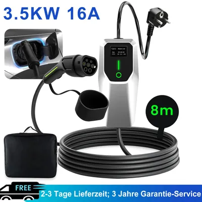Image de Câble de recharge pour voiture électrique de type 2 E, prise Schuko, 3,5 kW, monophasé, 16 A, courant réglable 6 A/8 A/10 A/13 A/16 A, borne de recharge murale mobile 8M EV pour voiture électrique