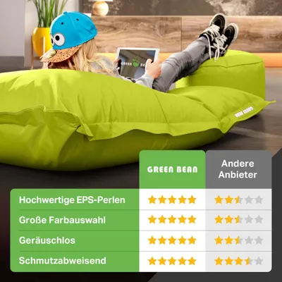 Produktbild von Green Bean® XXL Riesensitzsack 140x180cm + Hocker 40x40x40cm mit EPS-Perlen Füllung - 2er Set Sitzsack "Square+Stay" Hellgrün