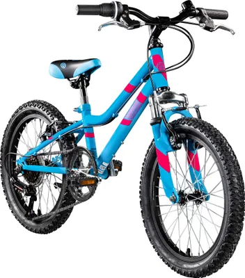 A blue children's bicycle with pink stripes, shown against a white background.