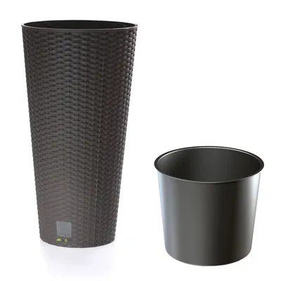 Produktbild von Blumenkübel dünne Design Rato freistehend Blumentopf 8 L Umbra Dunkel Braun Übertopf 38 cm hoch Rattan Optik Pflanzkübel aus Kunststoff mit Einsatz