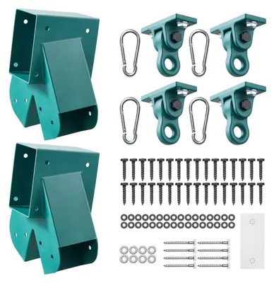 Image de Kit de fixation pour balançoire - Raccords pour cadre en A et crochets de balançoire - 6 pièces - Pour poutres de 94 x 144 mm - Pour pieds de 94 x 94 mm - 4 crochets d'une capacité de charge maximale de 567 kg - Pour usage extérieur - Vert