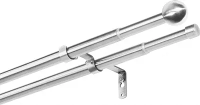 A close-up view of a double curtain rod with a bracket, against a white background.
