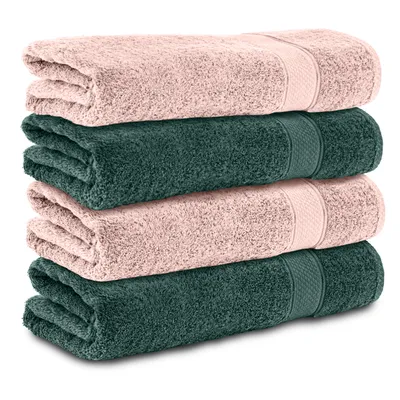 Produktbild von Komfortec 4er Handtücher 50x100 cm Set aus 100% Baumwolle, 470 g/m², Frottee, Weich, Dunkelgrün/Rosa