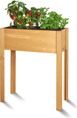 A wooden raised garden bed with plants growing in it, set against a white background.