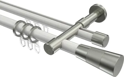 Produktbild von Interdeco Rundrohr-Innenlaufstange / Gardinenstange (Kombination) Weiß / Edelstahl-Optik, Typ Prestige Tanara (Konus Bicolor), 20 mm Ø 2-läufig, 100 cm