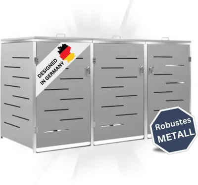 Produktbild von DELUKE® 3er Mülltonnenbox JAGU Edelstahl | Grau | 115x207x77,5cm | Mülltonnenverkleidung für 3 Tonnen 240L Müllbox aus Metall Mülltonnenschutz Mülltonnendach