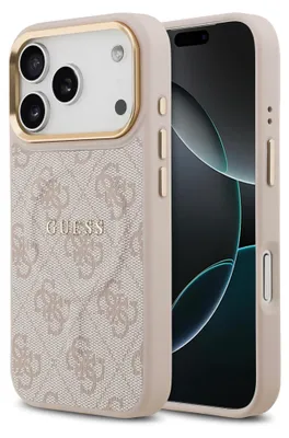 A close-up side view of a beige iPhone case with a repeating Guess logo pattern and a gold trim around the camera cutout. The phone screen is visible inside the case.