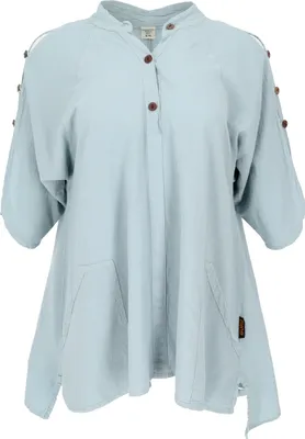 Produktbild von Bequeme Baumwoll-Tunikabluse mit Kokosknöpfen, Maxibluse, Longbluse - Aqua, Damen, Blau, Baumwolle, Größe: S/M