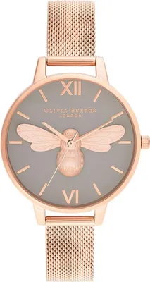 A close-up, front-facing studio shot of a women's rose gold watch with a gray face and a bee design.