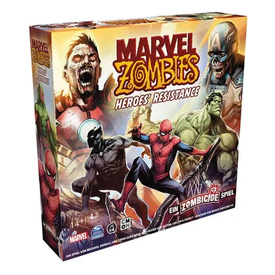The image shows the front and side of a board game box for 'Marvel Zombies: Heroes' Resistance'. The artwork features various Marvel characters depicted as zombies, including Captain America, Hulk, Spider-Man, Black Panther, and Vision, along with a zombie