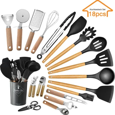 Produktbild von 19-teiliges Küchenhelfer Set mit Holzgriffen, Edelstahl Schneebesen, Backwerkzeugen, Käsemesser, BPA-frei, spülmaschinenfest