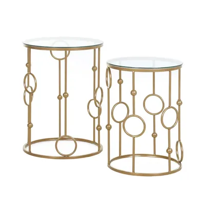 Produktbild von 2er-Set Couchtisch, Beistelltisch mit Glasplatte, Wohnzimmertisch mit Reifen- und Kugeldesign Ø41 x 57 cm