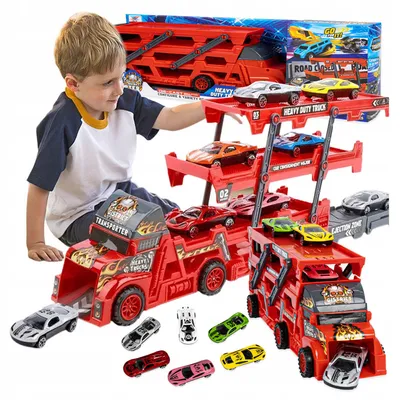 Produktbild von click4TOYS LKW Tieflader Transporter mit 6 Autos & Launcher