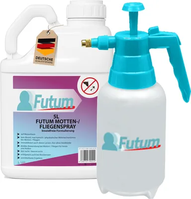 Produktbild von FUTUM 5 Liter + 2L Sprüher  Mottenspray / Fliegenspray | Biozidfrei gegen Motten & Fliegen | Wasserbasis | schnell & Direktwirkung | fleckenfrei