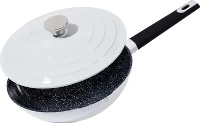 Produktbild von Ø28cm Hochpfanne / WOK-Pfanne ca. 8cm hoch KING® SHINE GREY aus Aluguss mit Keramikbeschichtung Innen: FUSION TI / mit Deckel / mit Soft-Grip Pfannengriff / Farbe: Grau