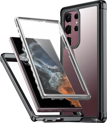 Immagine prodotto di Custodia per Samsung Galaxy S23 Ultra, custodia protettiva a 360° con cover posteriore trasparente e protezione dello schermo nero