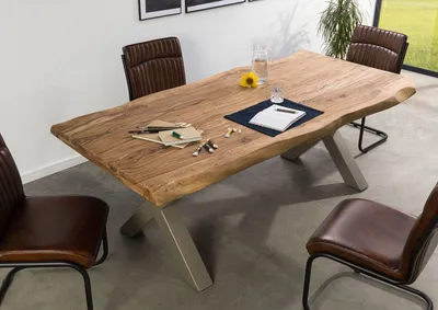 Produktbild von MASSIVMOEBEL24 Baumtisch Sheesham 200x100x77 natur gebeizt / X-Beine silber matt FREEFORM 5