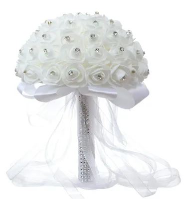 Künstlicher Brautstrauß, 25 weiße Rosen, PE, mit Perlen, 28 cm