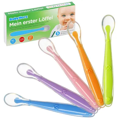 Produktbild von Babylöffel Set 5 Stück Silikon BPA-frei – weich & gebogen, Baby Löffel ab 0 Monate, buntes Babybesteck zum Essen lernen