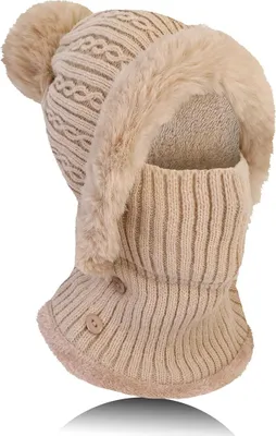 Produktbild von Winter Warm Strickmš¹tze Halsw?rmer-Sets, Damen Wintermš¹tze Flexible Strickmš¹tze mit Haarball, Balaclava Sturmhaube Weiches, Dickes Fleece gefš¹ttert, Verstellbare Gesichtsmaske fš¹r Frauen