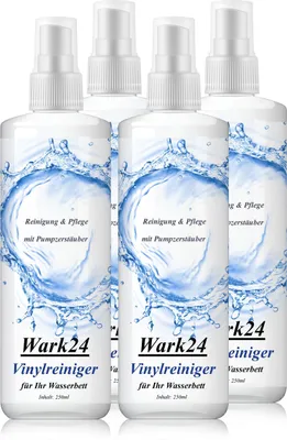Four bottles of Wark24 Vinylreiniger for your waterbed are displayed together against a white background. Each bottle has a label with blue water graphics and text indicating the product's purpose.