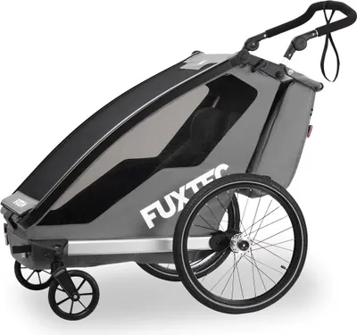 Immagine prodotto di Rimorchio per biciclette FUXTEC FX-FA1 Sportfux, 2 posti, borsa posteriore con catarifrangenti e maniglia di spinta, protezione da pioggia e sole, pieghevole, grigio Grau