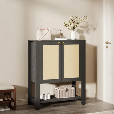 Image de Meuble à chaussures - Organisateur à chaussures étroit - 2 portes - 5 étagères - Étagères réglables - Compartiment ouvert en bas - Noir