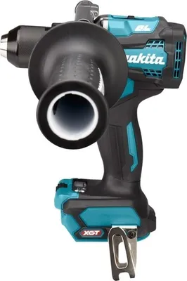 A close-up, front-facing view of a black and teal Makita cordless drill with a black auxiliary handle.