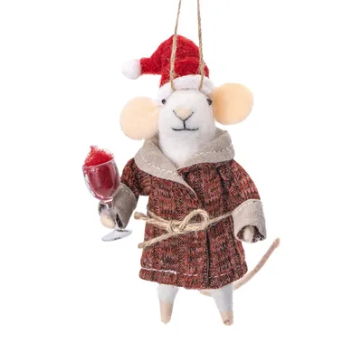 A felt Christmas ornament of a mouse wearing a Santa hat and a robe, holding a glass of red wine.