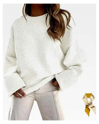 Produktbild von Damen Oversized Rundhals Langarm Fuzzy Strickpullover, Lässiger Grobstrick Pullover für den Herbst