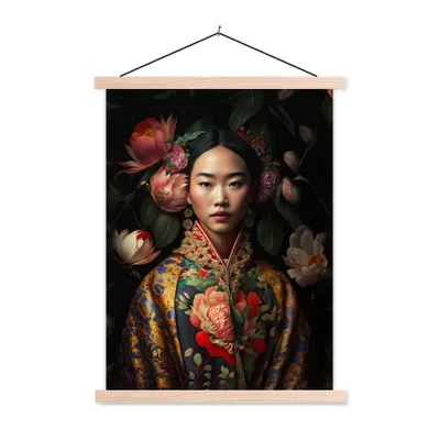 Produktbild von MuchoWow® Textilposter Frau - Asiatisch - Kimono - Blumen - Porträt 40x53 cm mit holzfarbenen Rahmen - Schlafzimmer