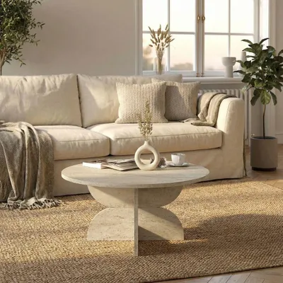 Immagine prodotto di Tavolino Rotondo da Salotto Mara Effetto Travertino con Base Geometrica