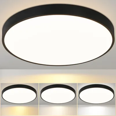 A collage of a black LED ceiling light with different light color temperatures shown in the bottom row.