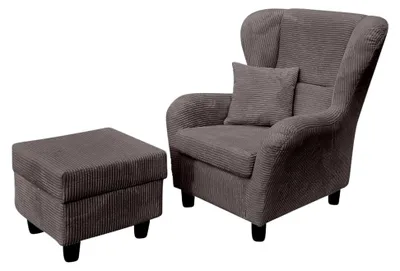 Produktbild von Gemütlicher Ohrensessel mit Hocker im Landhaus-Stil, B90/H98/T76 cm, hoher Sitzkomfort durch Wellenunterfederung, moderner Lesesessel mit Echtholzfüßen und Zierkissen, Cordstoff in Grau
