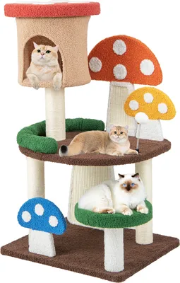 Produktbild von COSTWAY 4in1 Kratzbaum 102cm, mehrschichtiger Katzenturm mit bunten Pilzen, interaktivem Federball