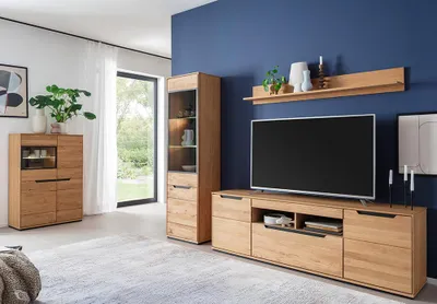 Produktbild von Wohnmöbel Set in Eiche teilmassiv mit Highboard, Vitrine & LED-Beleuchtung, 5-teilig - AVESTA-06