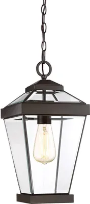 A hanging lantern with a clear glass enclosure and a single Edison-style bulb.
