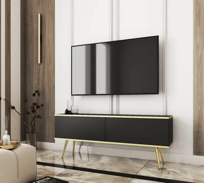 Produktbild von TV-Schrank ORO 135 cm Schwarz + Gold mit Goldene Füße TV-Lowboard Fernsehtisch