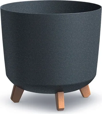 A dark gray speckled planter with three wooden legs.