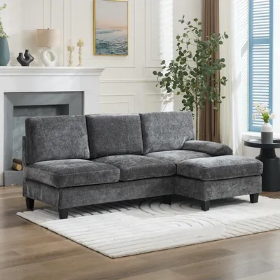 Zdjęcie produktu dla Merax Narożnik w kształcie litery L, 3-osobowy, z funkcją spania, tapicerowana sofa rozkładana do salonu i mieszkania, zajmująca mało miejsca sofa z obiciem materiałowym, szara
