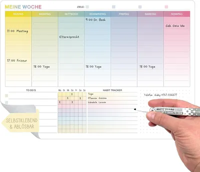 Produktbild von Whiteboard Wochenplaner A4, Abwaschbar, Selbstklebend, 30x21 cm, Kalender mit To-Do-Liste, für Wand
