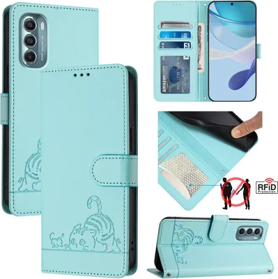 Produktbild von Leder Hülle für Motorola Moto G Stylus 5G (2022) Süße Katze Flip Case Brieftasche Schutzhülle mit Standfunktion hellgrün