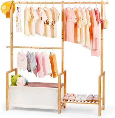 Produktbild von Kleiderständer Bambus mit 3 Hängeflächen, Aufbewahrungstasche, Kindergarderobe, 1 Stück, für Kinderzimmer