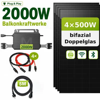 Produktbild von GreenSun Solar 2000W Balkonkraftwerk 4×500W Bifazial Full Black Doppelglas, MARSTEK 2000W Mikrowechselrichter 4 MPPT, WiFi Bluetooth App, 5m Kabel